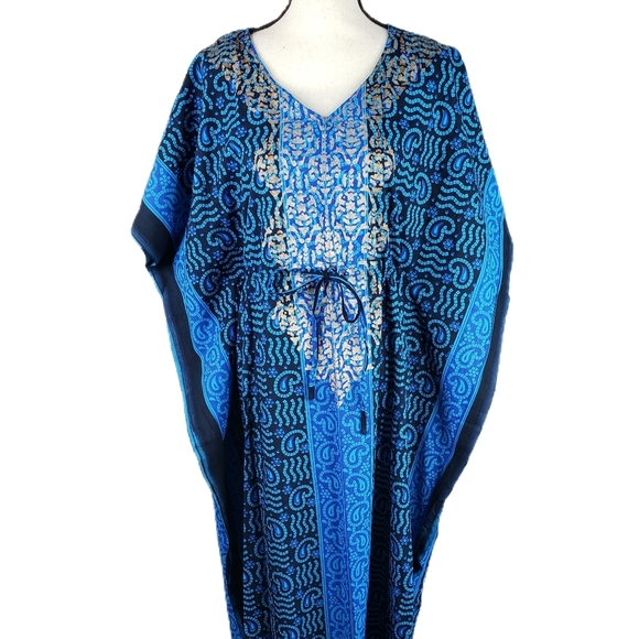 J. Gee Blue Paisley Gold Leopard Print Tie Waist Casual Comfort Maxi Dress - Picture 1 of 10